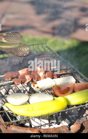 Traditionelle zypriotische Meze und Kebap Grillparty im Garten mit köstlichen Fleisch und Huhn kebaps Stockfoto