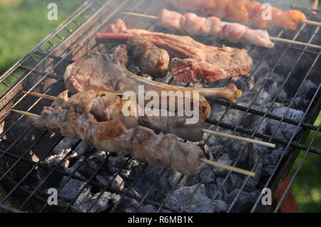 Traditionelle zypriotische Meze und Kebap Grillparty im Garten mit köstlichen Fleisch und Huhn kebaps Stockfoto