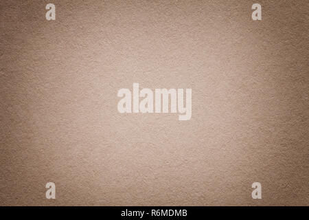 Textur von Vintage Dark beige Papier Hintergrund mit Vignette. Struktur der dichten hell braun Kraftpapier Karton mit Rahmen. Filz Farbverlauf Hintergrund closeu Stockfoto