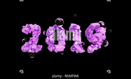 Frohes Neues Jahr Banner mit 2019 trendy pink Farbe Zahlen durch zerbrochene Risse im Stein isoliert auf rosa Hintergrund mit fliegenden Glaskugeln. abstrakten 3D-Darstellung Stockfoto