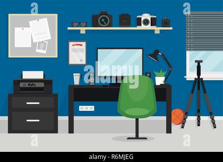 Innenraum der modernen Teenager Zimmer. Fotograf Büro mit Möbeln (Tisch, Regal) und die Ausrüstung (DSLR-Kamera, Objektive, Computer und Stativ). Arbeitsplatz für Fotografen. Flache Vector Illustration. Stock Vektor