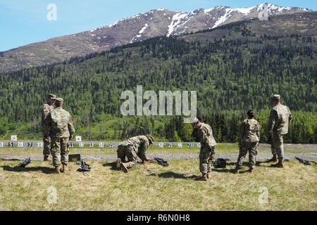 Soldaten, 98. Support Unterhaltsbetrieb, 17. Bekämpfung Sustainment Support Battalion, US-Armee Alaska zugewiesen abholen verbrauchte Gehäuse während der Durchführung von bekannten Abstand Treffsicherheit im Pedneau Bereich auf gemeinsamer Basis Elmendorf-Richardson, Alaska, 31. Mai 2017.  Die SMC ist ein modulares Wartungsfirma, das Feld Wartungsunterstützung auf Basis Bereich Einheiten in Form von allied Trades Unterstützung bietet; Radfahrzeug Erholung; Bewaffnung; Kommunikation; Elektronik; spezielle elektronische Geräte; Bodengeräte; Stromerzeugungsanlagen; Dienstprogramm Ausrüstung; und Prüfung, Messung, Stockfoto