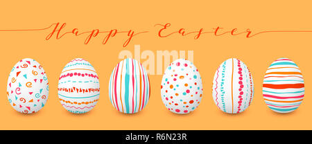 Frohe Ostern. Set aus bunten Ostereier mit verschiedenen einfachen Texturen. Einfache, Orange, Rot, blauen Streifen Stockfoto