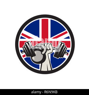 Britische Hand heben Barbell Kettlebell Union Jack Flagge Symbol Stockfoto