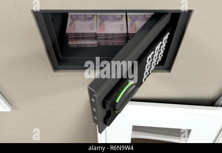 Eine offene versteckte Wandtresor mit Stapeln von Thai bhat Banknote Stapel aufgedeckt hinter einem hängenden gerahmtes Bild an einer Wand in einem Haus - 3D-Rendering Stockfoto