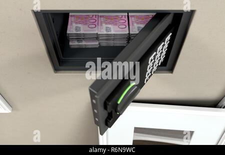 Eine offene versteckte Wandtresor mit Stapeln von Euro-banknoten Stapel aufgedeckt hinter einem hängenden gerahmtes Bild an einer Wand in einem Haus - 3D-Rendering Stockfoto