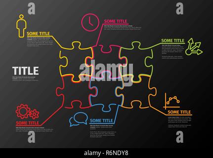 Vektor puzzle Infografik Berichtsvorlage von Linien und Symbole - dunkle Version Stock Vektor