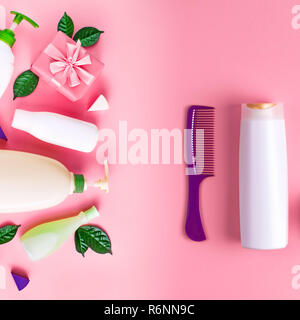 Kosmetikverpackungen aus Kunststoff Flasche Shampoo creme Duschgel Milch grüne Blätter schwamm box Geschenk Bug. Natürliche organische Produkt Haut- und Haarpflege Shopping. Stockfoto