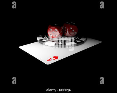 Ace-Karte mit Chips und Würfel auf schwarzen Hintergrund, 3D-Darstellung. Stockfoto