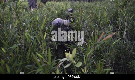 Marine Special Operations Schule Individuelle Schulung Studenten ruck durch dichte Vegetation im Bereich Training Raider Geist, 1. Mai 2017, in Camp Lejeune, N.C. Zum ersten Mal, US Air Force Special Taktik Flieger verbrachte drei Monate in der Marine Special Operations Command Marine Raider Ausbildung Pipeline, die Bemühungen um gemeinsame Denkweisen über Special Operations Forces zu errichten. Stockfoto