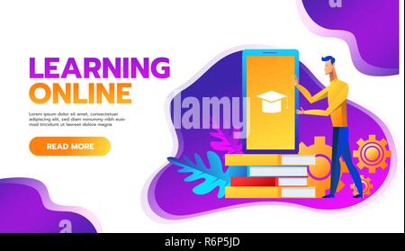 Online Schulungen Vector Illustration. Distance Learning Business Bildung concept.internet Studium buch Tutorials. Fähigkeiten developstudent Flachbild Cartoon Character Design für Web Mobile Banner. Stock Vektor