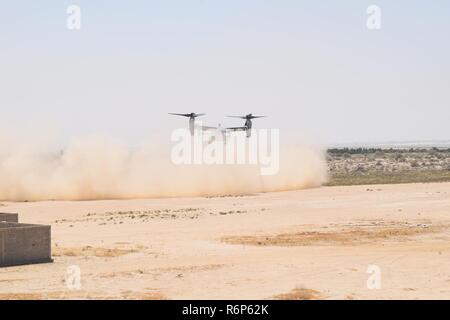 Eine MV-22 Osprey Kipprotor-flugzeug zu Marine Medium Tiltrotor Squadron (VMM) 364, Special Purpose Marine Air-Ground Task Force-Crisis Response-Central Befehl, Ansätze der Landezone in Saudi-Arabien für ein Experte auf einem Exchange, 15. Mai 2017 vergeben. Der Austausch war eine Gelegenheit erhöht, für die USA und Saudi-Arabien die Kräfte zu werden. Bereitstellen von US-Marines in die US Central Command Verantwortungsbereich kombinierte militärische Ausbildung mit Sicherheitskräften unser Partner Nationen zu Verhalten stärkt unsere lebenswichtigen Beziehungen mit Partnern in dieser wichtigen Region. Stockfoto