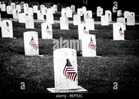 DLIFLC Kommandanten, Oberst Phil Deppert und Garnison Kommandeur, Oberst Lawrence Brown, zusammen mit einigen Freiwilligen kam zu dem Presidio von Monterey Friedhof amerikanische Fahnen an jedem der Grabsteine zu Ehren des Memorial Day. Die Flags werden auf dem Friedhof in Memorial Day Woche verlassen werden. Stockfoto