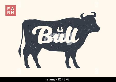 Bauernhof Tiere eingestellt. Isolierte stier Silhouette und das Wort Stier Stock Vektor