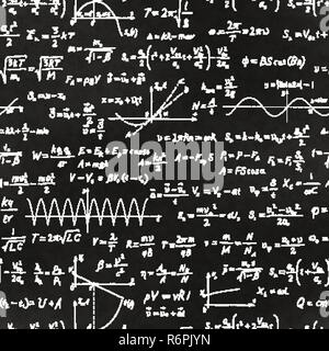 Eine Menge grundlegende mathematische Gleichungen und Formeln, weiße Kreide Schriftzug auf der Schule Blackboard nahtlose Muster Stock Vektor