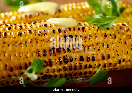 Gegrillter Mais Maiskolben mit Butter schmelzen und Grüns auf Ton Teller Stockfoto