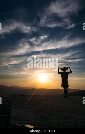 Ein junges Mädchen steht auf der Aussichtsplattform und bewundert die schöne Landschaft. Stockfoto