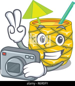 Fotograf Ananas Saft auf Charakter trinken Stock Vektor