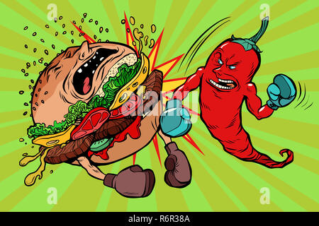 Pfeffer beats Burger, Vegetarismus vs Fast Food Stockfoto