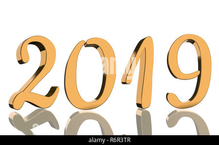 Das Jahr 2019 in metallisch glänzenden goldenen Zahlen mit einer Reflexion auf einem weißen Hintergrund. Stockfoto