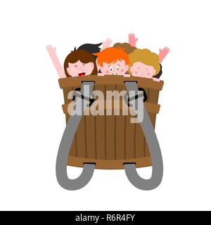 Koffer mit unartigen Kindern. Schlechte Zicklein im Karton. Krampus Warenkorb Stock Vektor