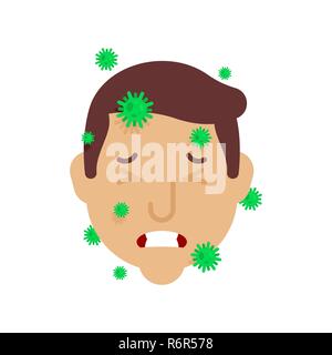 Sick Head Human. Kopfschmerzen. Viren und Mikroben. Bakterien und Epidemie. Kranker Kerl Gesicht. Schmerzen im Kopf Stock Vektor
