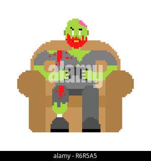Zombie gamer Player video spiel pixel Art Zombie Kerl und Joystick 8 Bit. Toter Mann sitzen auf Stuhl Videospiel spielen. Video Spiel der alten Schule digital gr Stock Vektor