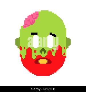Zombie Kopf pixel Art. Angesichts der grünen Toten und Gehirn im Schädel 8 Bit. Video Game Old School digitale Grafiken Stock Vektor