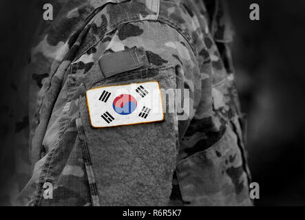 Flagge von South Korea auf Soldaten arm. Flagge von South Korea auf militärische Uniformen (Collage). Stockfoto