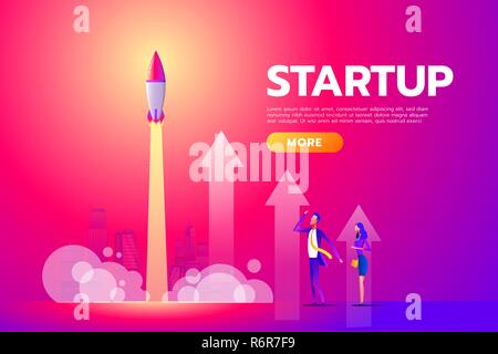 Erfolgreiches Angebot, Vertrag, Vereinbarung. Mann und Frau suchen, Startup, Rocket Launch. Plakat für Banner, Social Media, Präsentation, web Seite. Flache design Vector Illustration Stock Vektor