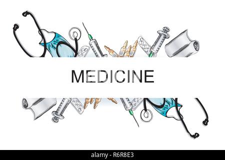 Abbildung: Medizinische Geräte. phonendoscope, bandage, Durchstechflaschen Stock Vektor