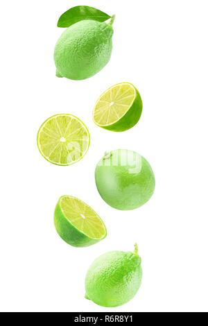 Isolierte flying Kalk Obst Keile Stockfoto