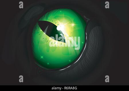 Vector Illustration der grüne Katze Augen gegen einen schwarzen Mantel Stock Vektor