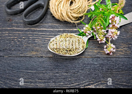 Thymian Trocknen in einem Metalllöffel, ein Bündel von frischen Kräutern mit rosa Blumen, ein knäuel Garn und Schere auf dem Hintergrund einer Holzplatte Stockfoto