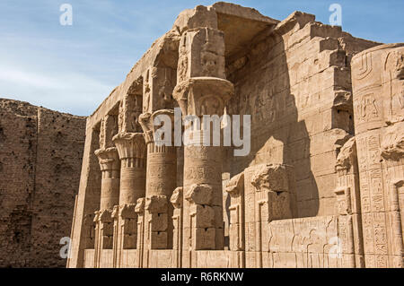 Hieroglypic Schnitzereien an Wand und Säulen an der alten ägyptischen Tempel des Horus von Edfu Stockfoto