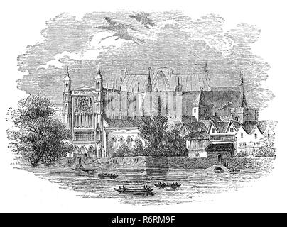 Der Palast von Westminster oder Häuser des Parlaments des Vereinigten Königreichs am Nordufer der Themse in Westminster, im Zentrum von London, England. Der Name ist aus dem benachbarten Westminster Abbey abgeleitet und bezieht sich auf das Alte Schloss, jedoch sind die mittelalterlichen Gebäude durch einen Brand im Jahr 1834 zerstört wurde. Stockfoto