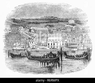 Eine königliche Aquatische Prozession auf der Themse vorbei am Palast von Whitehall (oder Palast der Weiße Saal) in Westminster, Middlesex, war die Residenz der englischen Monarchen von 1530 bis 1698, als die meisten seiner Strukturen, mit Ausnahme von Inigo Jones's Bankett- Haus von 1622, wurden durch Feuer zerstört. Der Palast gibt seinen Namen, Whitehall, auf die Straße, auf der viele der aktuellen Verwaltungsgebäude der gegenwärtigen britischen Regierung befindet, und damit metonymisch auf die zentrale Regierung selbst. Stockfoto