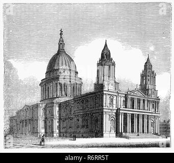 Der Nordwesten Blick auf die St. Paul's Cathedral, London, eine anglikanische Kathedrale, dem Sitz des Bischofs von London und die Mutterkirche der Diözese London. Es sitzt auf Ludgate Hill auf dem höchsten Punkt der Stadt London. Ihr Engagement in der Apostel Paulus geht zurück auf die ursprüngliche Kirche auf dieser Seite, gegründet im AD604. Die heutige Kathedrale stammt aus dem späten 17. Jahrhundert, wurde in der englischen Barock von Sir Christopher Wren. Seine Konstruktion, in Wren's Leben abgeschlossen, war Teil eines großen Wiederaufbauprogramm in der Stadt nach dem großen Brand von London. Stockfoto