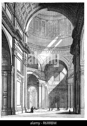 Der Innenraum der St Paul's Cathedral, London, ist eine anglikanische Kathedrale, dem Sitz des Bischofs von London und die Mutterkirche der Diözese London. Es sitzt auf Ludgate Hill auf dem höchsten Punkt der Stadt London. Ihr Engagement in der Apostel Paulus geht zurück auf die ursprüngliche Kirche auf dieser Seite, gegründet im AD604. Die heutige Kathedrale stammt aus dem späten 17. Jahrhundert, wurde in der englischen Barock von Sir Christopher Wren. Seine Konstruktion, in Wren's Leben abgeschlossen, war Teil eines großen Wiederaufbauprogramm in der Stadt nach dem großen Brand von London. Stockfoto