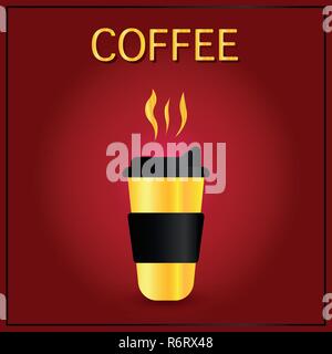 Coffee to go Becher Cartoon Illustration. Kaffee in eine Tasse auf rotem Hintergrund isoliert. Hot belebende Getränk. Dekoratives Element für Menü, Werbung, Flyer- und Plakatgestaltung. Stock Vektor