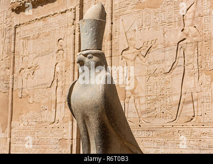 Hieroglypic Schnitzereien an Wand an der alten ägyptischen Tempel des Horus von Edfu mit Statue des Gottes Stockfoto