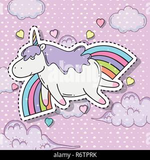 Süße Einhorn Sticker mit Wolken und Herzen Stock Vektor