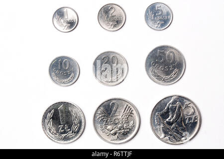 Alte polnische Münzen auf weißem Hintergrund Stockfoto