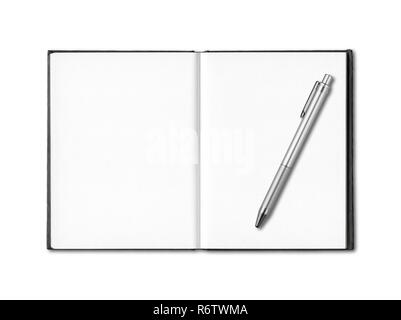 Leere Öffnen Sie Notizbuch und Stift isoliert auf weißem Stockfoto