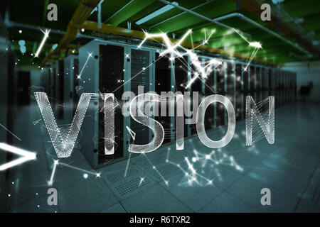 Vision Text auf schwarzem Hintergrund gegen leere Serverraum Stockfoto