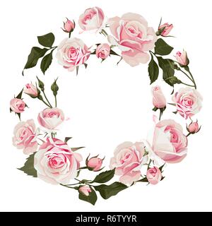 Vektor blumen Kranz mit Rosen. Blühenden Rahmen mit rosa Blumen für die Hochzeit oder st. Valentines Tag Stock Vektor