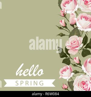 Vektor floral grüner Hintergrund mit Rosen. Blumen Grußkarte Hallo Frühling mit rosa Blumen Stock Vektor