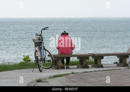 Weiblichen Erwachsenen sitzt auf Holzbank und liest ein Buch im Park entlang der Küste, neben ihr Fahrrad, mit dem Rücken zum Betrachter, mit Meerblick, Taiwan Stockfoto