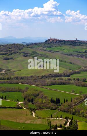 Blick auf die Altstadt von Pienza und Hügel, grüne Felder an der sonnigen Tag. Provinz Siena. Toskana, Italien Stockfoto