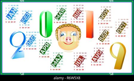 Kalender für 2019 auf einem weißen Hintergrund. Jahr des gelben Schwein. Stock Vektor